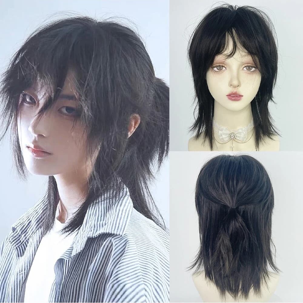 Short Mullet Head Wigs with Bangs Synthetic Straight Anime Men Black Gray Green Hair Wig for Daily Party Cosplay