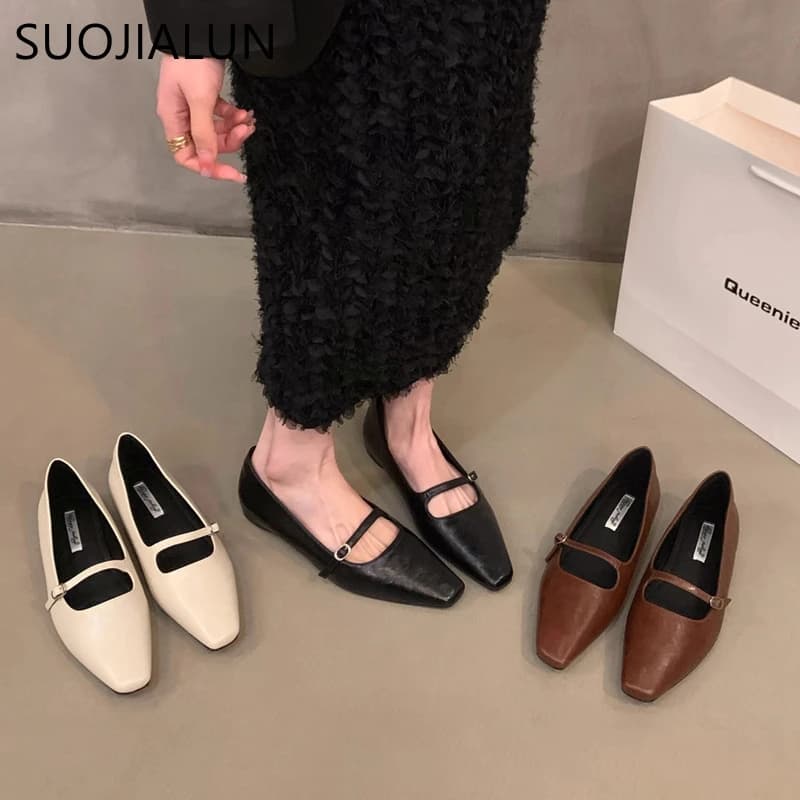 SUOJIALUN 2024 Autumn Women Flat Shoes Fashion Square Toe Shallow Slip On Single Shoes Soft Flat Heel Outdoor Dress Baot Shoes