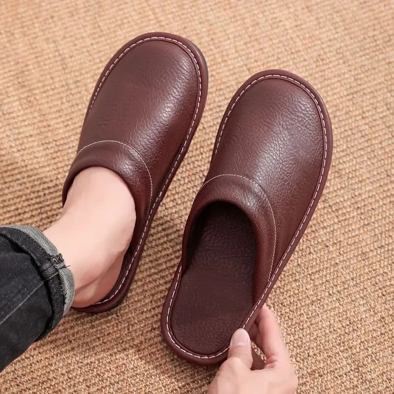 Concise Faux Leather Slippers Men's Warm Shoes Indoor Fur Slides Mules Home Guest Slipper Big Size 47 48 Man Husband Plush Shoe
