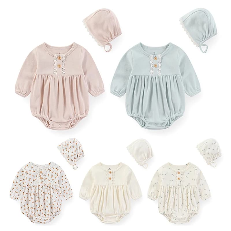 Baby Girls Clothes Sets Long Sleeve Lace Cotton Bodysuit +Hat Newborn Baby Girl Jumpsuit Print 6-24Months Solid Color Bebes