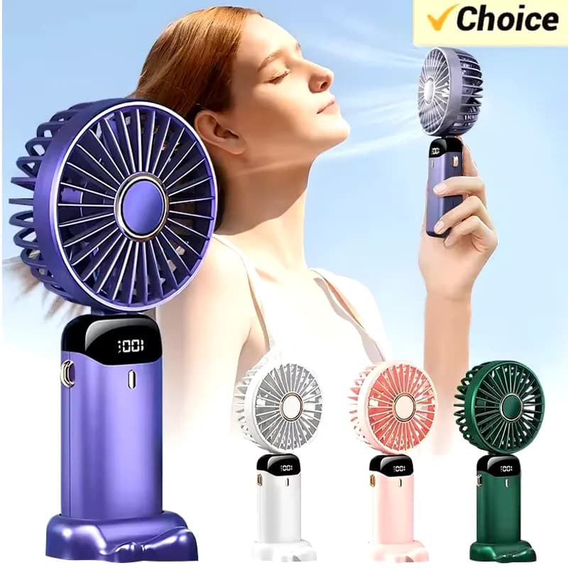3000mAh Handheld Mini Fan Foldable Portable Neck Hanging Fans 5 Speed USB Rechargeable Fan with Phone Stand and Display Screen