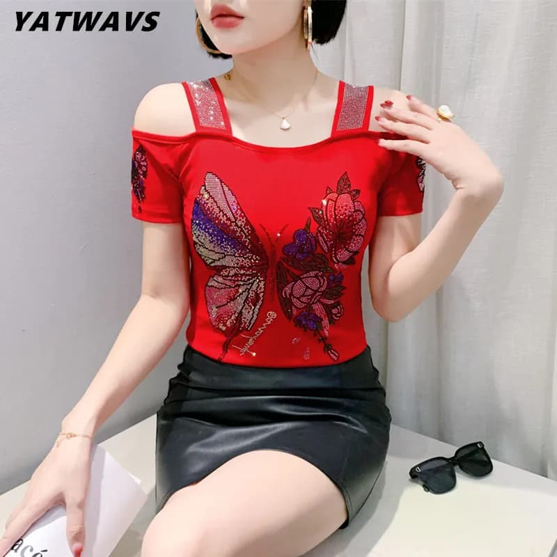 Streetwear Girl Classic Summer T-Shirt Chic Flower Hot Diamonds Tops  New Fashion Women's Sexy Off Shoulder Slim Tees Blouse