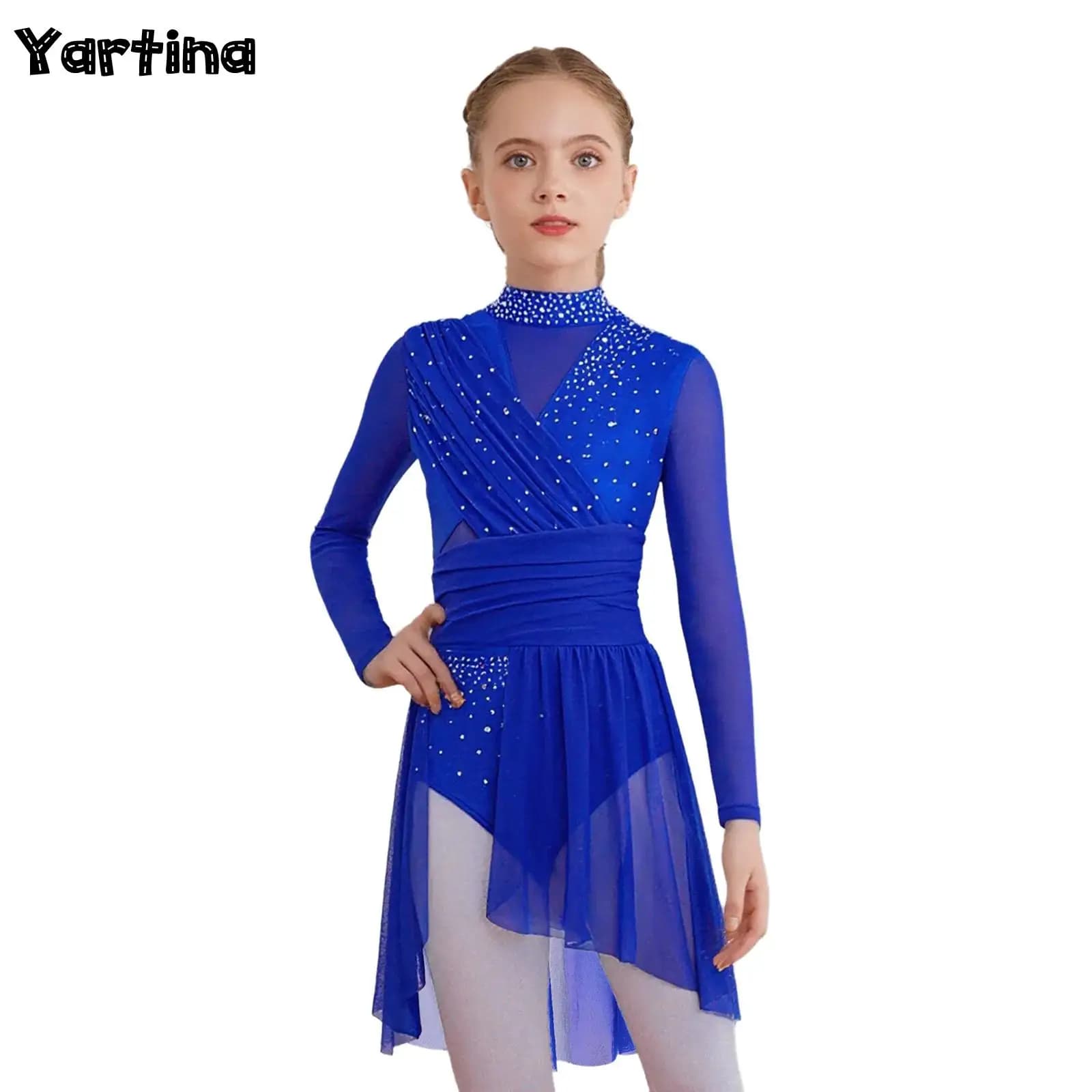 Kids Girls Gymnastics Figure Skating Ballet Lyrical Dance Costume Dress Side Split Sheer Mesh Ruched Glittery Rhinestones Dress
