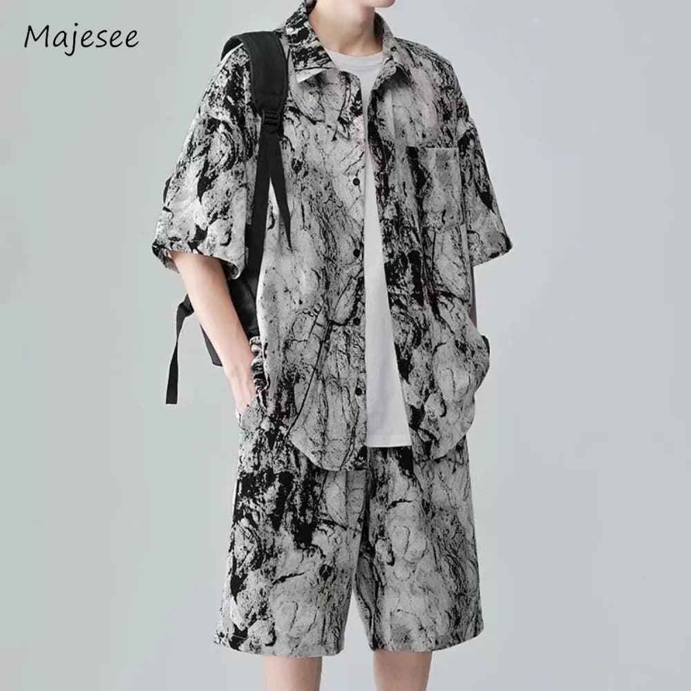 Men Sets Short Sleeve Tie-dye Printing Loose Pockets Single Breasted Wide Leg Korean Style Leisure Knee-length Breathable Summer