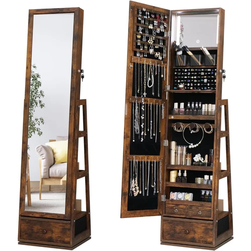 Jewelry Cabinet with Built-In Mirror and 3 Storage Racks, Mirror & 3 Drawers, 360° Swivel Lockable Jewelry Armoire