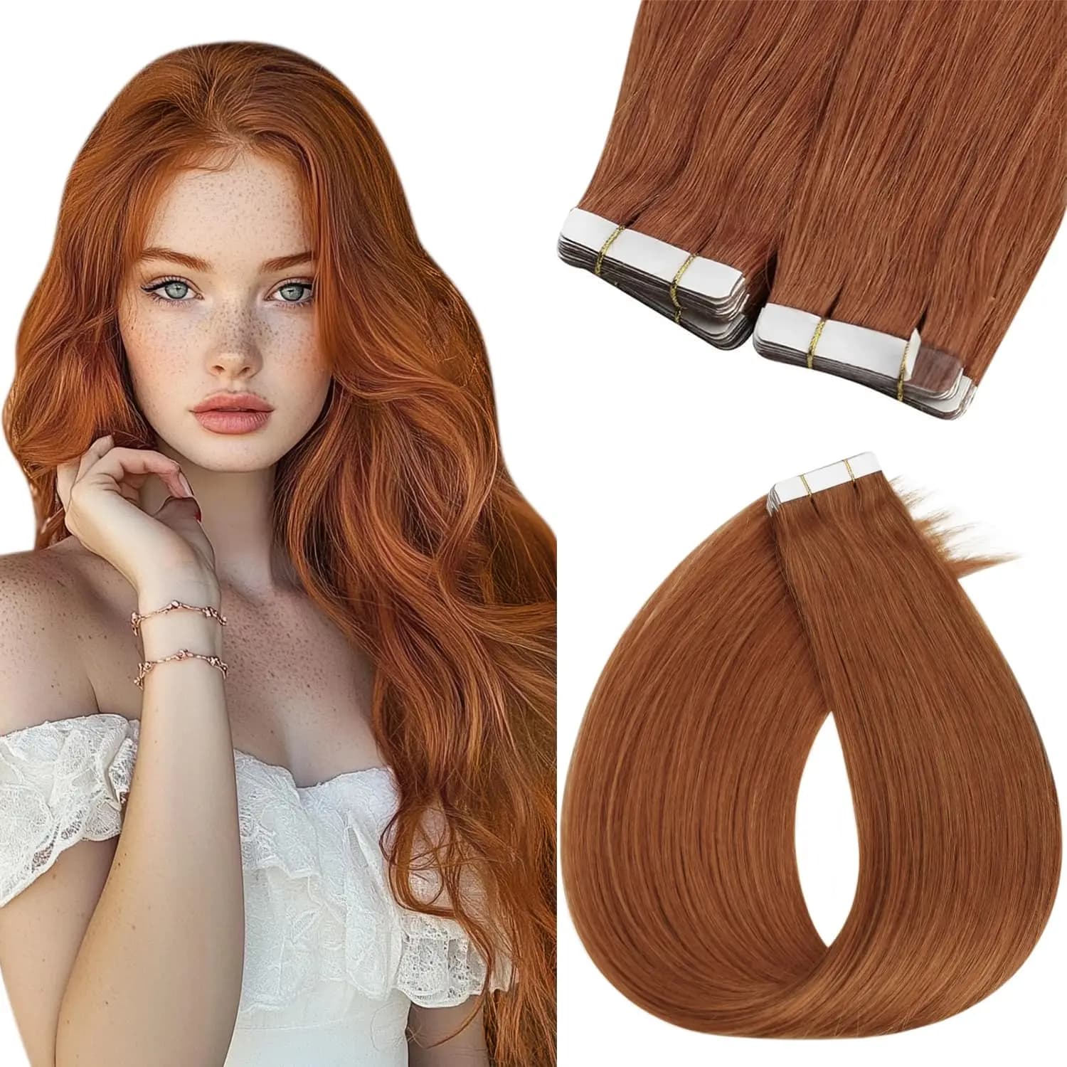 VeSunny Hair Tape in Hair Extensions Copper Real Hair Extensions Tape in Hair Extensions Real Human Hair Invisible Tape