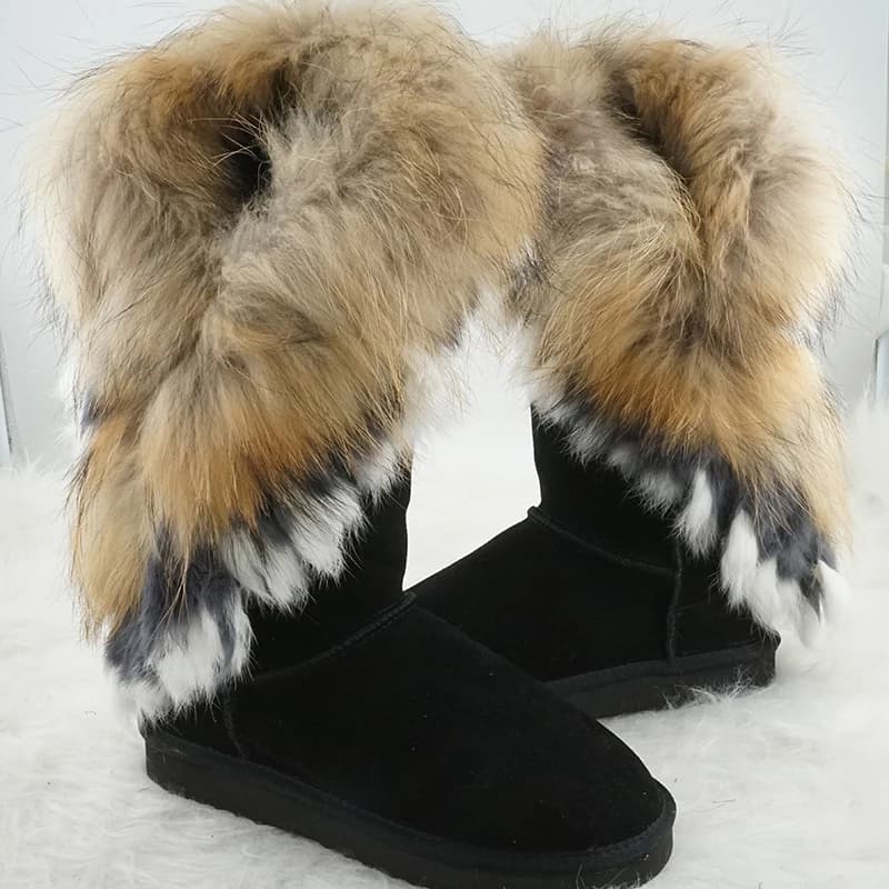 Fashion Natural Real Fox Fur Women Boots Genuine Leather Lady High Snow Boots Wool Warm Winter Boots Female Long Boots Shoes