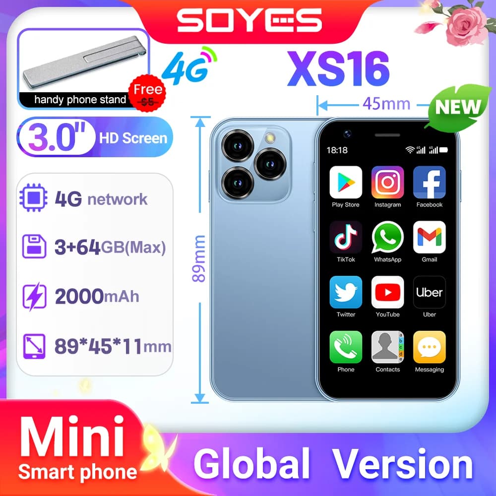 SOYES XS16: 3" Handy Android Smartphone | Android 10, 3+64GB Big Memory | 4G LTE Mini Phone, Dual SIM, 5MP Camera | With Pla