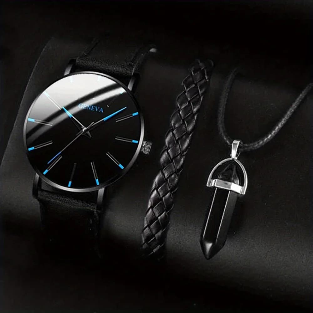 Classic Blue Needle Men's Casual Fashion Trendy Sports Braided Rope Bracelet Cool Black Necklace Wrist Watch Set