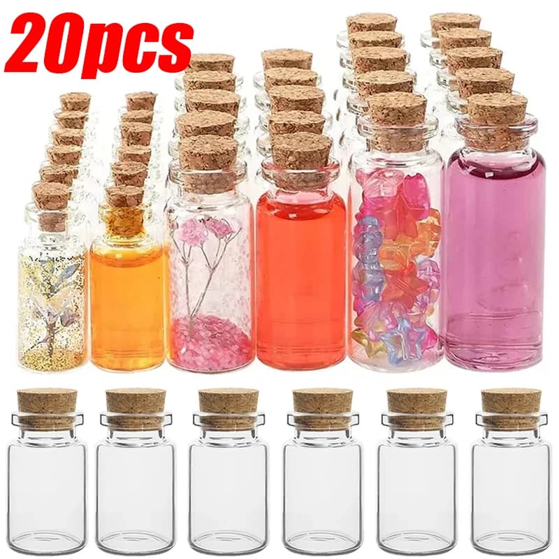 20/10Pc Mini Cork Stopper Glass Bottles DIY Birthday Gift Transparent Empty Message Wishing Bottle Christmas Wedding Party Decor