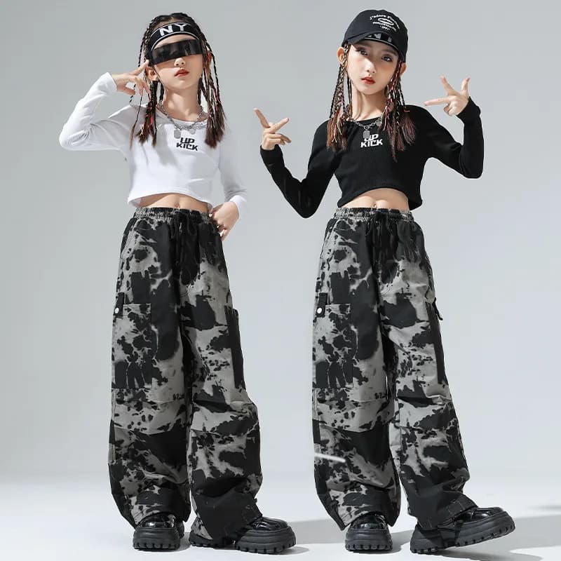Kid Cool Hip Hop Clothing Black Long Sleeve T Shirt Crop Top Camo Casual Cargo Baggy Pants for Girl Jazz Dance Costumes Clothes