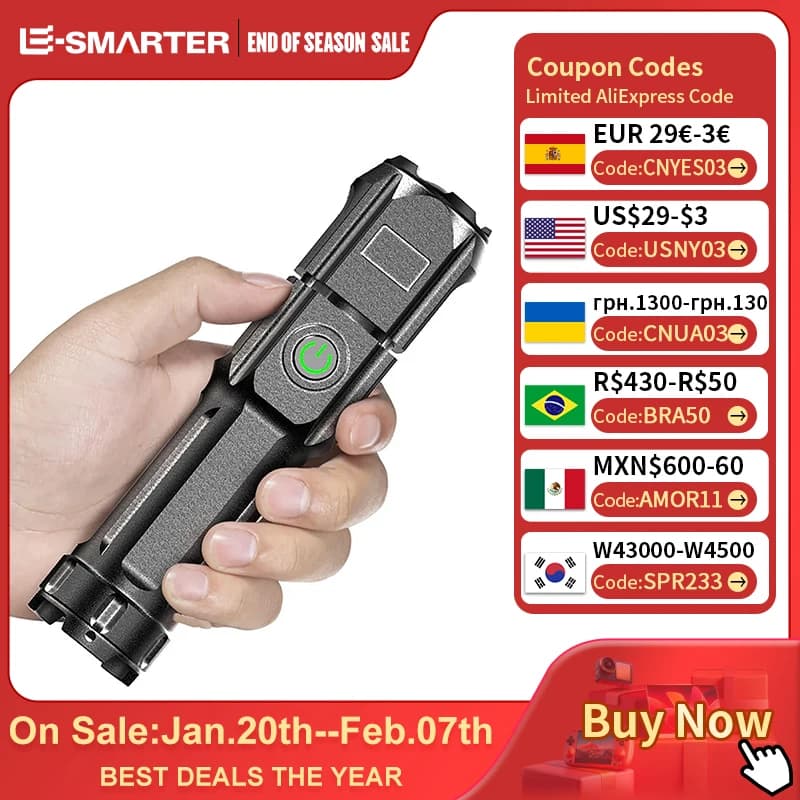 Powerful LED Flashlight Rechargeable USB Waterproof Zoom Fishing Hunting Camping 100,00 Lumen Tactical Flashlight LED Torch