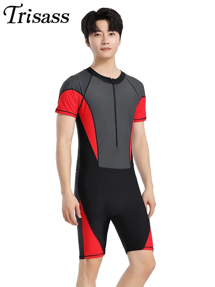 Trisass 2024 New Arrival Men's One Piece Swimsuit Professional Sportswear Short Sleeve Fifth Pants Surf Suit Zipper Bathing Suit
