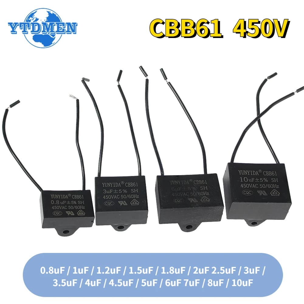 1/5pcs CBB61 450V Start Capacitor 0.8/1/1.2/1.5/2/2.5/3/3.5/4/4.5/5/6/7/8/10UF Fan Ceiling Exhaust Motor Run Capacitors CBB