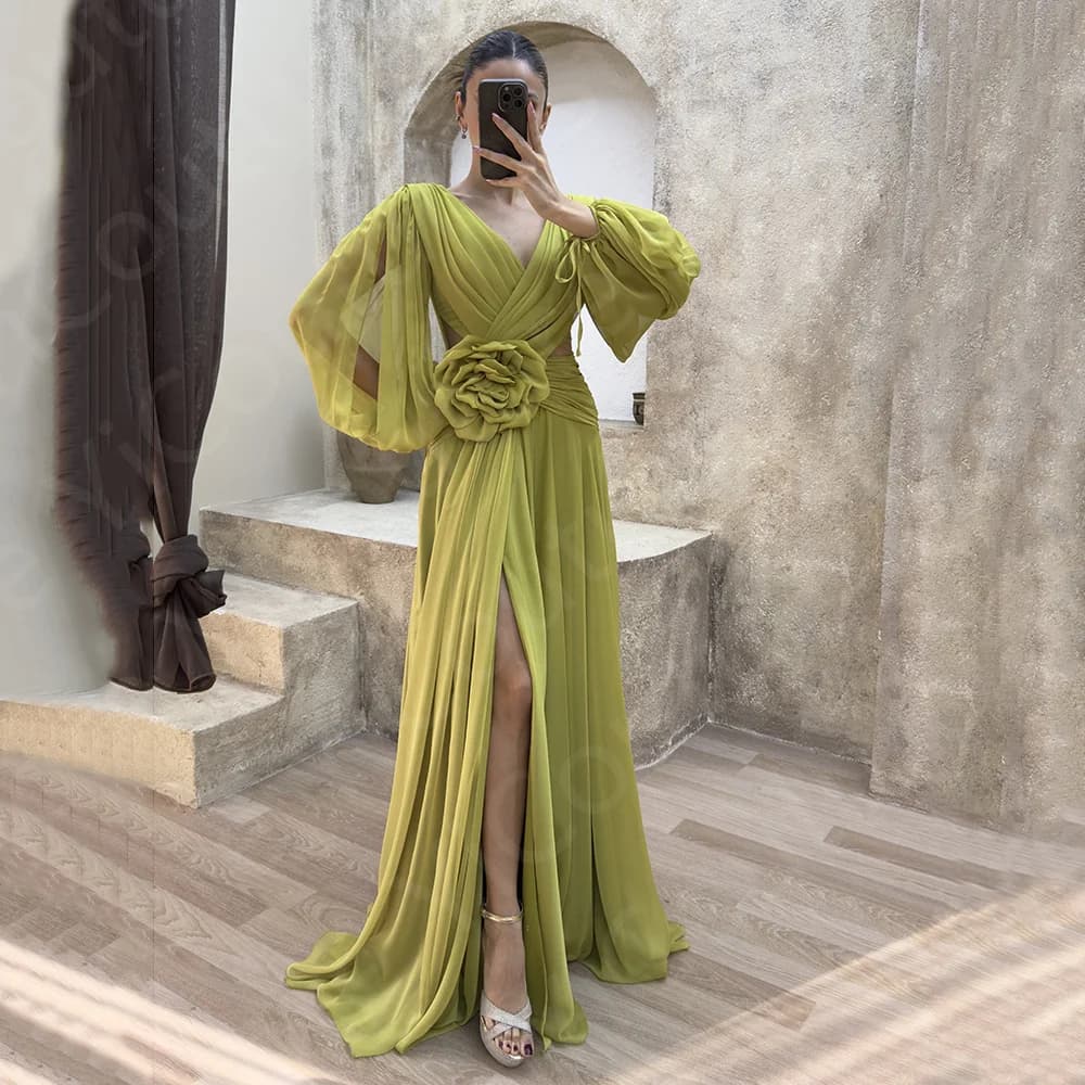 Customized Boho Olive Green Prom Dresses Long Sleeves Beach Homecoming Gowns Thigh Slit V Neck Chiffon Wedding Party Dress 2024