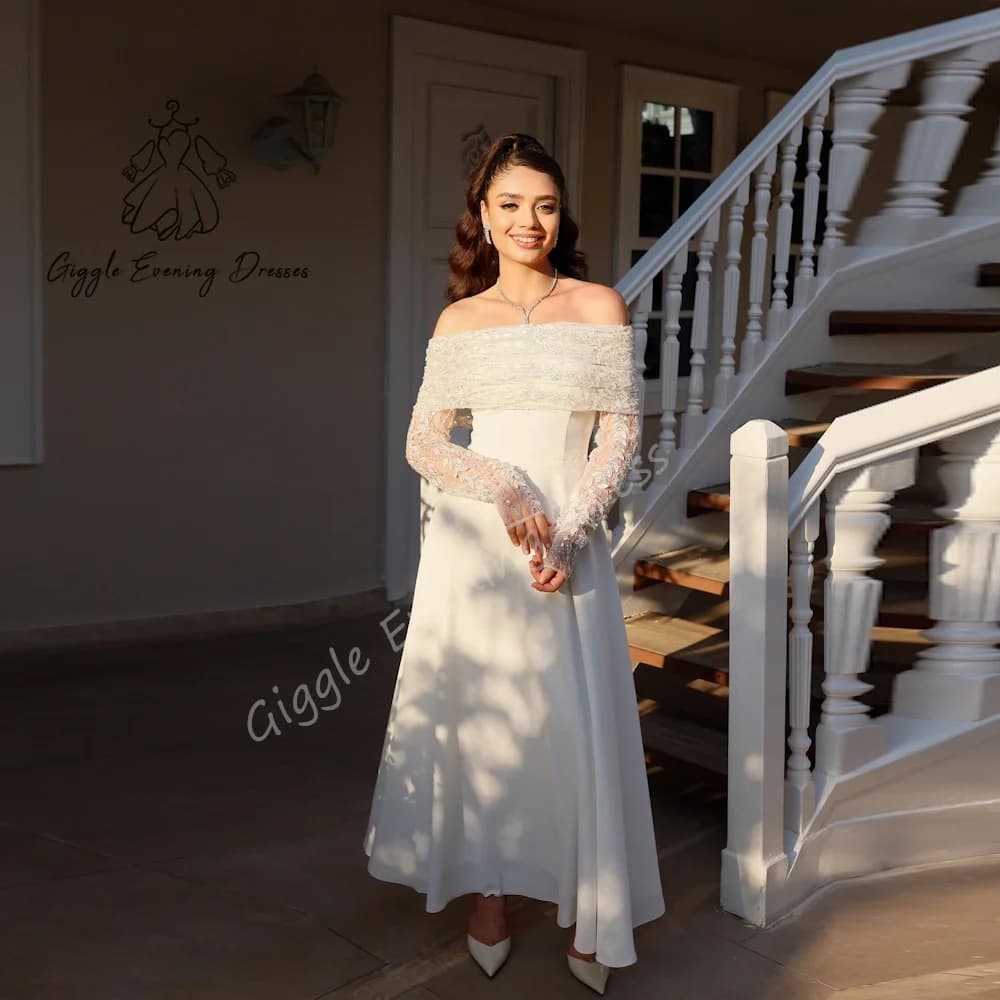 Customized Giggle Party Dress A-Line Handmade Beading Off-the-shoulder Crepe Long Sleeves Ruched Formal Saudi for women 2024