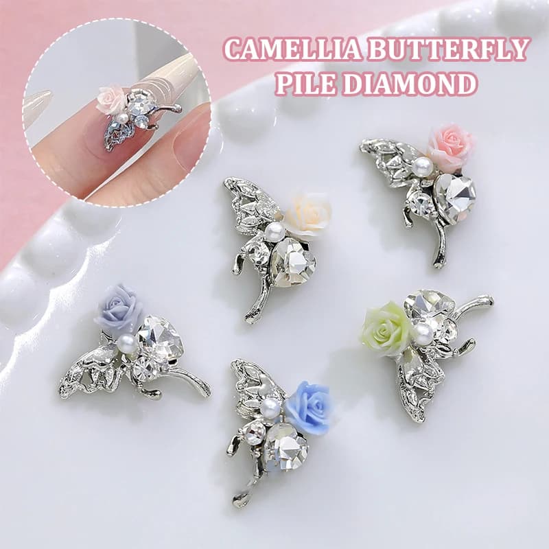 5 PCS Mini 3D Butterfly Alloy Crystal Nail Art Camellia Shape Rhinestones Shiny Diamond Pointed Bottom Nail Art Decorations