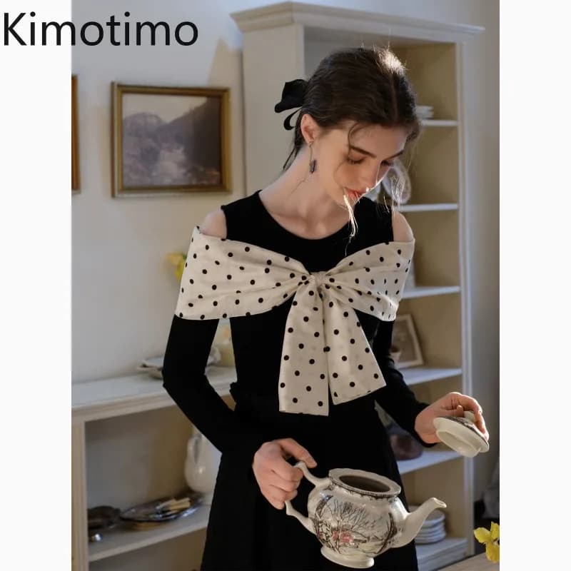 Kimotimo T Shirt Women French Retro Bow Polka Dot Patchwork Off Shoulder Long Sleeve Crop Tops 2204 Autumn Y2k Slim Tee Pullover