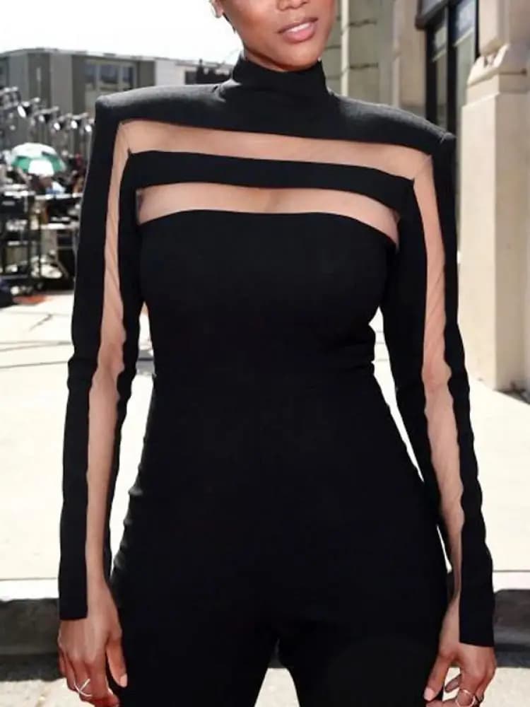 Yeezzi Female Fashion Sexy Mesh Split-Joint High Neck T-Shirts 2025 New Spring Long Sleeves Solid Color Skinny Tops For Women