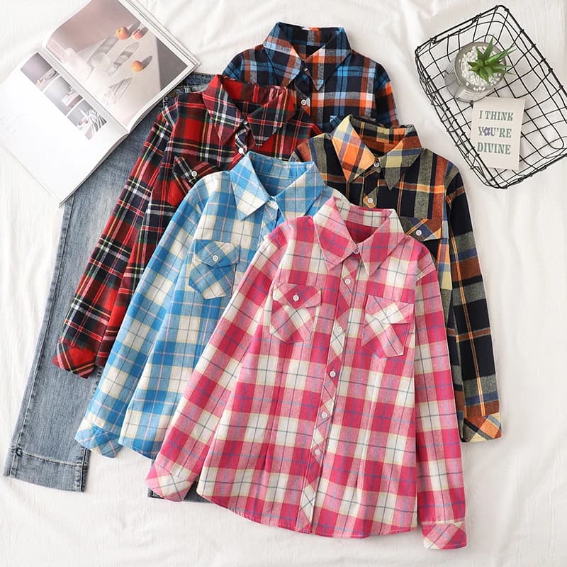 Cotton Flannel Plaid Shirts Women 2025 Autumn New Female Casual Slim Fit Long Sleeve  Blouses & Tops Ladies Checkered Clothes
