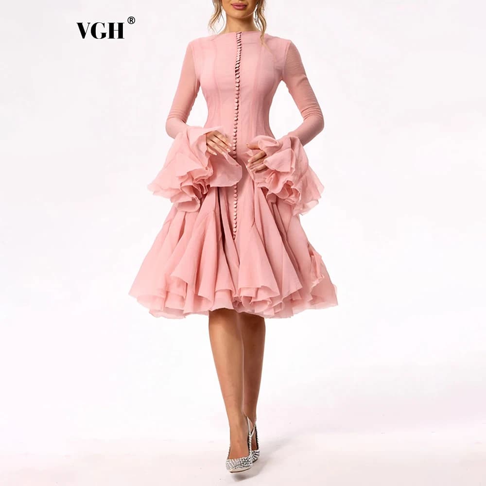 VGH Sweet Ruffles Elegant Knee Length Dresses for Women Round Neck Flare Sleeve High Waist Spliced Button  A Line Dress Female