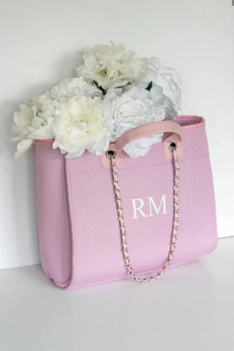 Baby Pink Personalised Monogram Canvas Tote Bag Chain Tote Handbag Custom Initial Bridesmaid Gifts Wedding Bridal Beach Bags