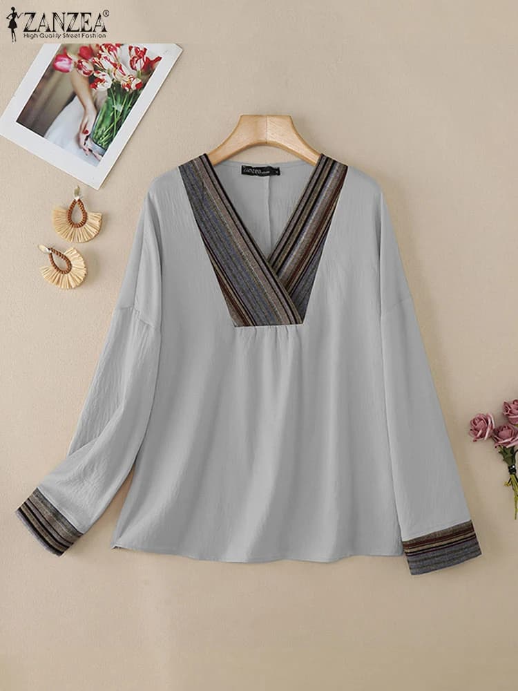 ZANZEA 2024 Women Causal V-neck Stripes Splicing Blouses Korean Fashion Long Sleeve Blusas Harajuku Loose Commuting Daily Tops