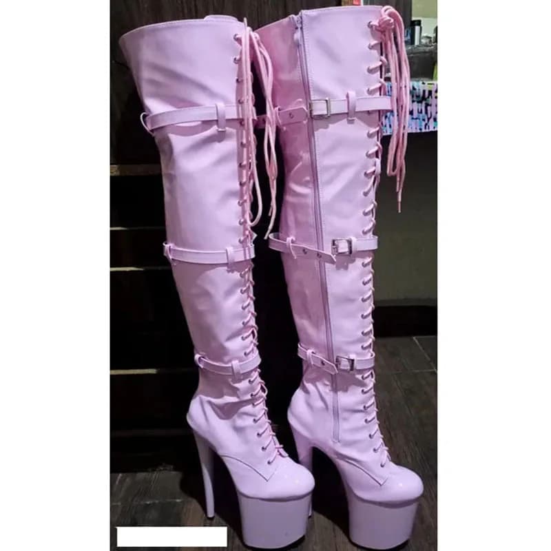 Pink 12-23cm high heels, buckle size adjustment, round head dancer fashion sexy runway performance, to thigh boots