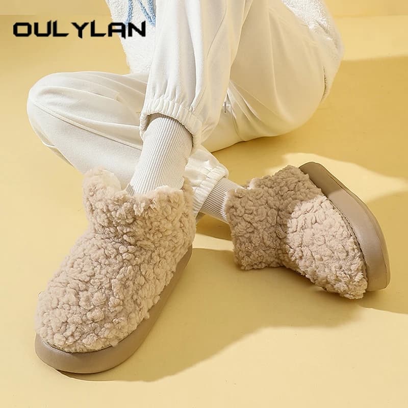 Plush Fur Warmth Household Snow Boots Cotton Women Slippers Thickened Home Boots Simple Solid Color Winter Fluffy Platform Shoes