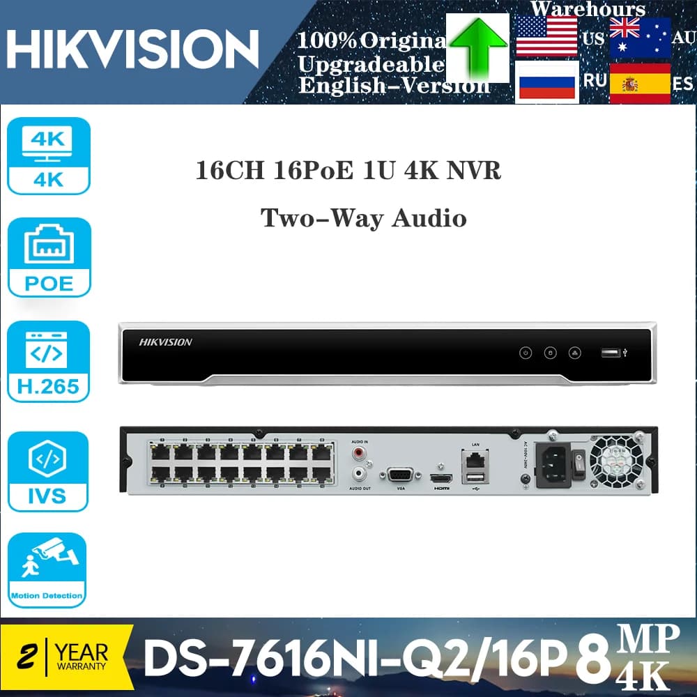 Original Hikvision DS-7616NI-Q2/16P 8/16CH with 16POE Ports 4K H.265 2SATA NVR Smart Playback Network Video Recorder CCTV System