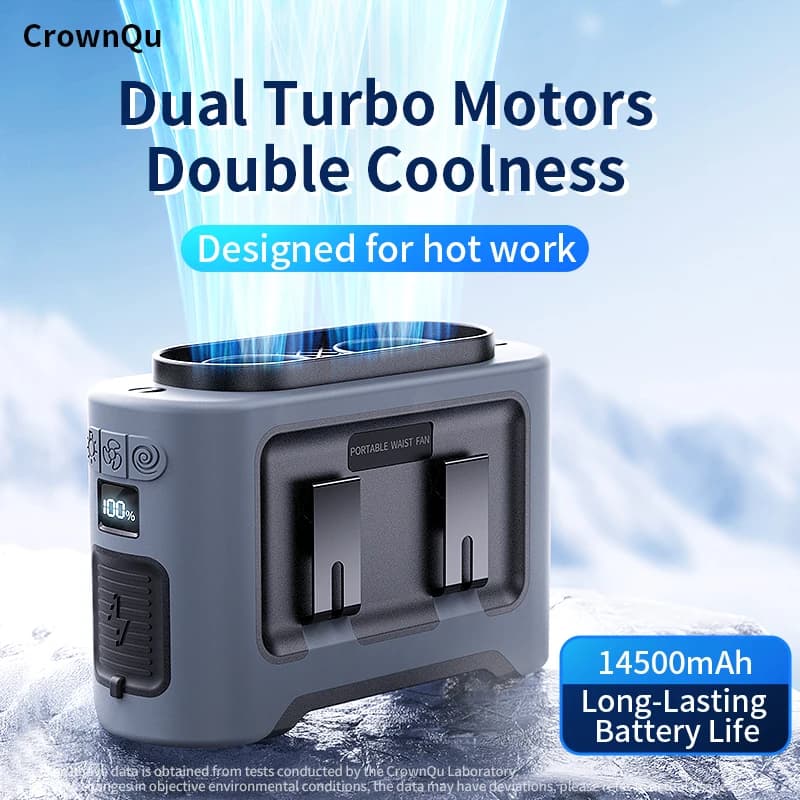 2025 New Upgrades Outdoor Portable Waist Fan Hanging Neck Fan 5 Level Strong Wind Power Bank with LED Lighting for Travel Sports