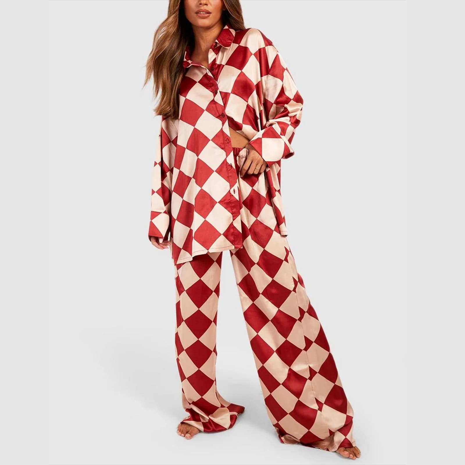 HEZIOWYUN Women's 2Piece Checkerboard Print Loungewear Pajama Set Long Sleeve Lapel Button Down Tops + Pants Oversized Sleepwear