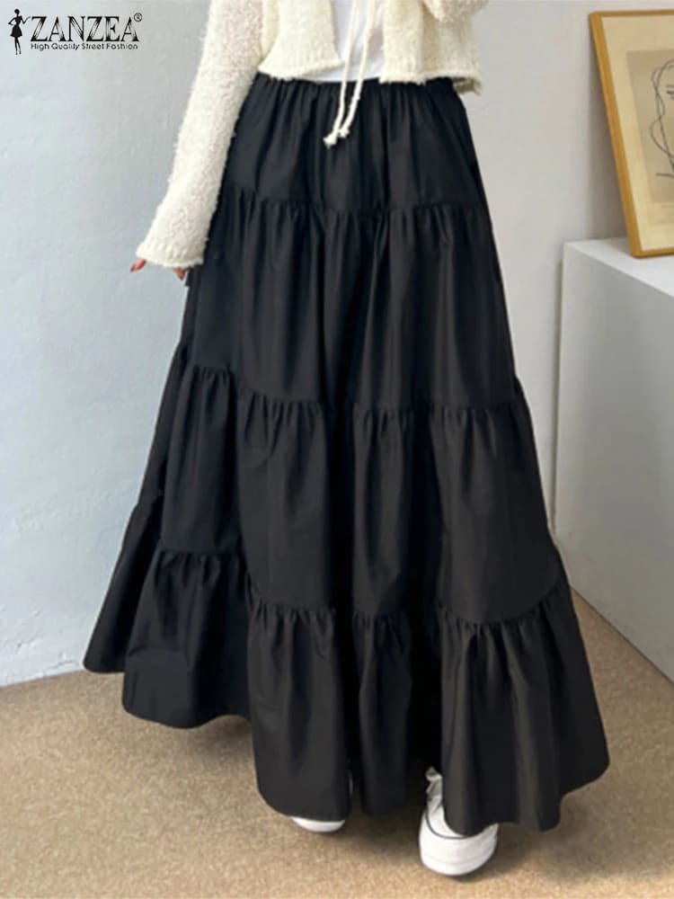 ZANZEA Women Korean Fashion Tiered Maxi Skirt Elastic Waist Casual Solid Color A-line Faldas Mujer Holiday Streetwear Long Jupes