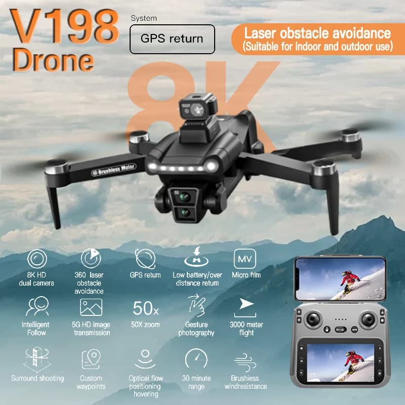 For Xiaomi V198GPS Drone ESC 8K Profesional HD Camera Brushless Obstacle Avoidance Aerial Optical Foldable Quadcopter Mini Dron