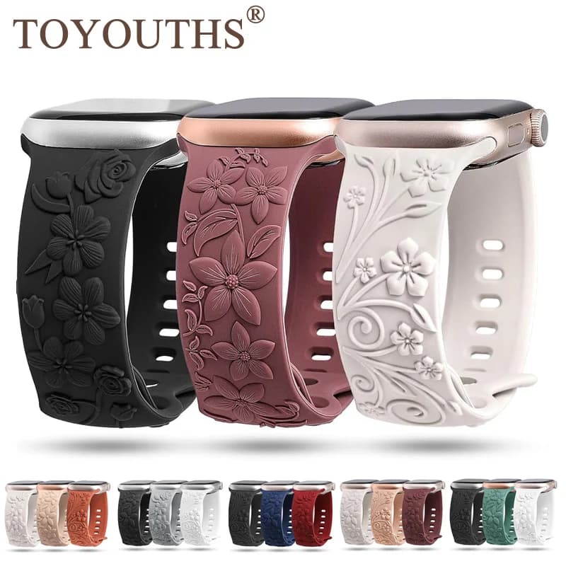 TOYOUTHS 3pcs Floral Engraved Watch Strap For Apple Watch Band 45mm 49mm 46mm 40mm 41mm Silicone Band for iwatch series 10 9 7 8
