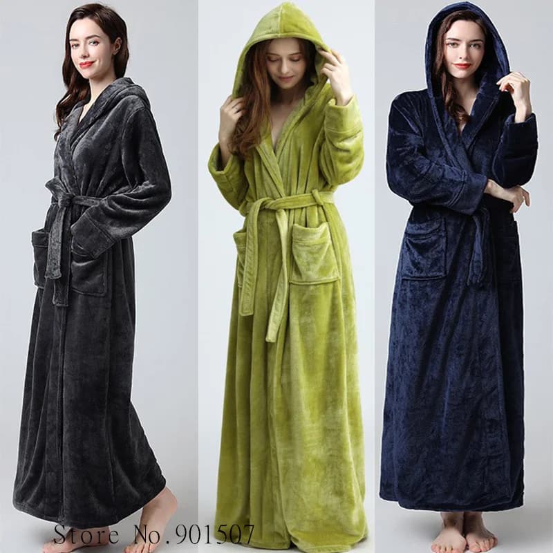 Extra Long Winter Coral Fleece Bathrobe Women Hooded Warm Kimono Bath Robe Cozy Kimono Shower Robes Loose Peignoirs Nightgown