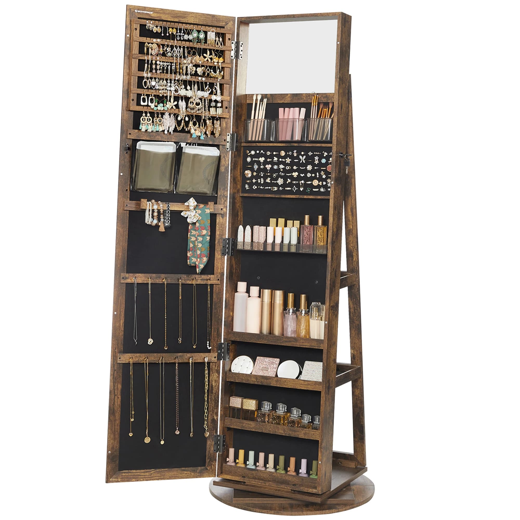 360 ° Rotatable jewelry storage Lockable Jewelry Cabinet Mirror Cabinet with Full Body Mirror