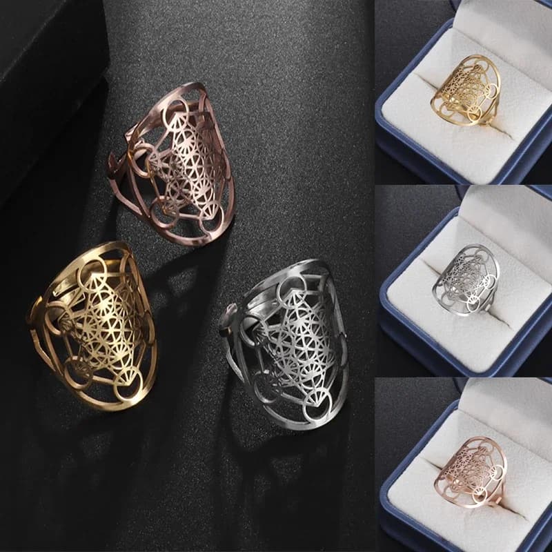 Stainless Steel Metatron Ring Adjustable Size Angel Signet Ring Solomon Geometric Supernatural Jewelry for Women Irish Gifts