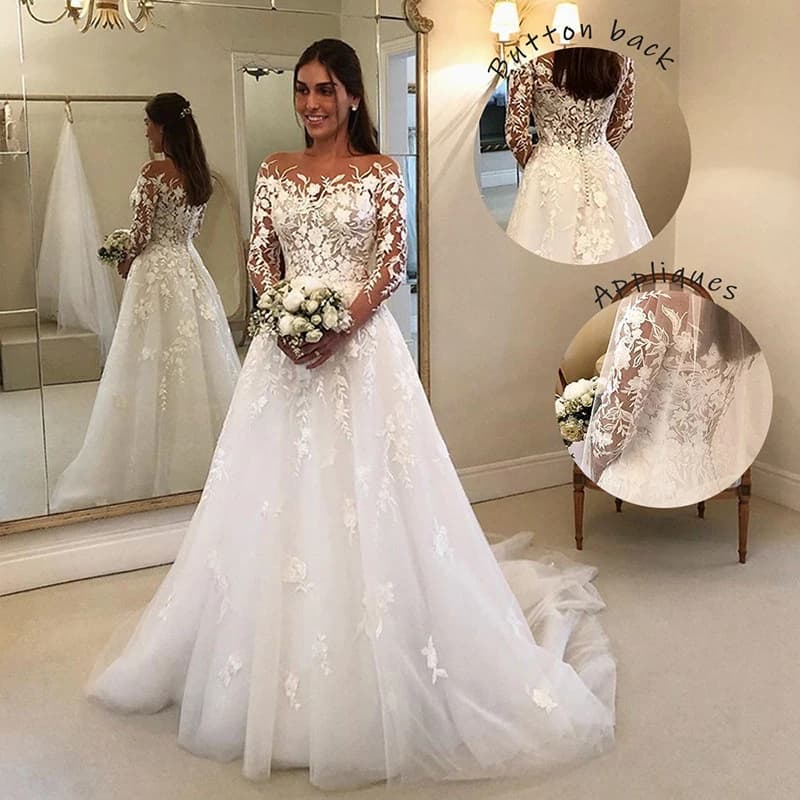 Ivory Lace Wedding Dress Long Sleeves Bridal Dress Court Train Button Plus Size Wedding Gowns Custom Made vestido de noiva