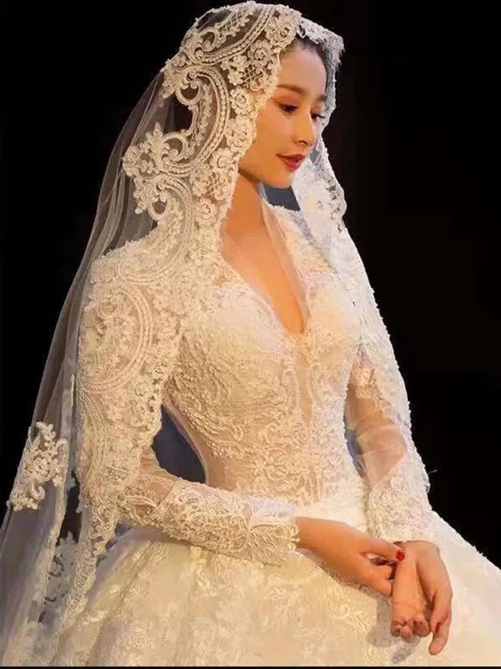 Mantilla Lace Wedding Veil with Hidden Comb Cathedral Length Bridal Veil 1 Layer Head Veil Velo De Novia