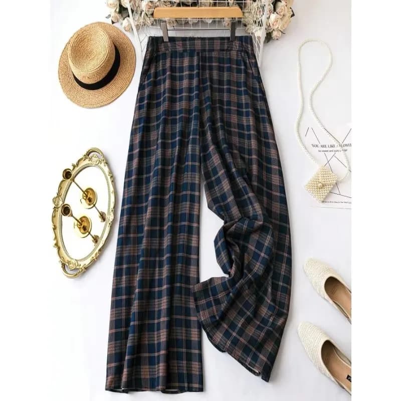 Women's Plus Size Fashionable Plaid High Waisted Printed Wide Leg Pants Casual Loose Printed Pockets Wide Leg Pants