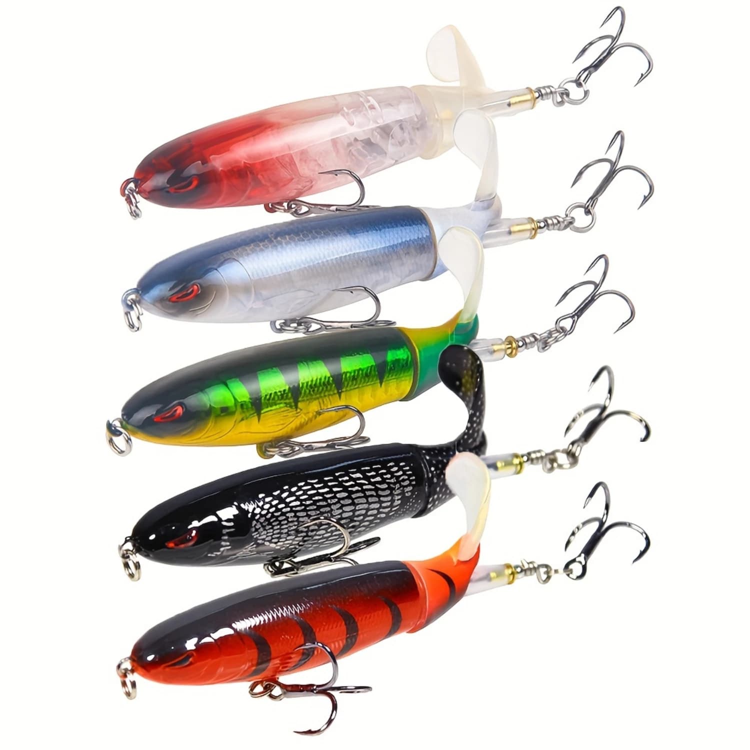 5pcs Top Water Fishing Lure Set, Artificial Lure With Rotating Tail And 2 Treble , Outdoor Fishing Tackle