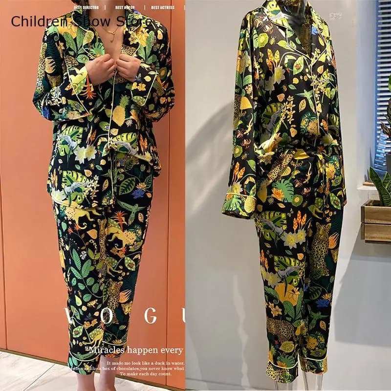 Green Leopard Pajamas Fashion Home Clothes for Women Loose 2Pcs Pjs Ice Silk Loungewear Long Sleeve Shirt&pants Sleepwear