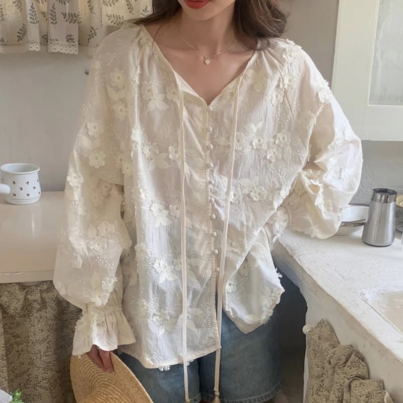Elegant V Neck Flare Sleeve Embroidered Flowers Blouse Women Loose Casual Vintage Spring Summer Shirt Korean Chic Sweet Blusas