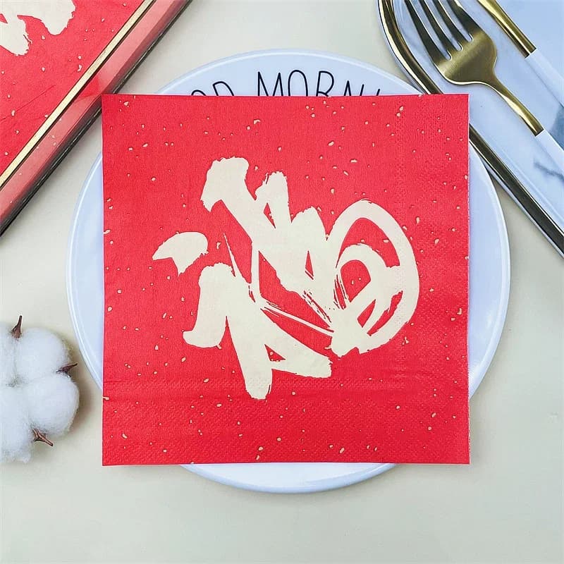 Original Wood Pulp Red Paper Napkin Party Mouth Cloth Chinese New Year Chinesefu Shou Banquet Napkin  Square Decorative Paper