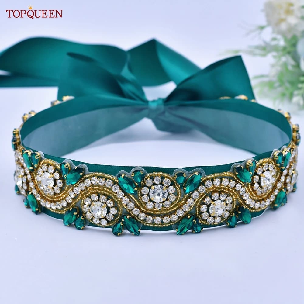 TOPQUEEN S164-KL Luxury Rhinestones Golden Belt for Women Party Dress Moroccan Caftan Female Sash Bride Wedding Green Diamonds