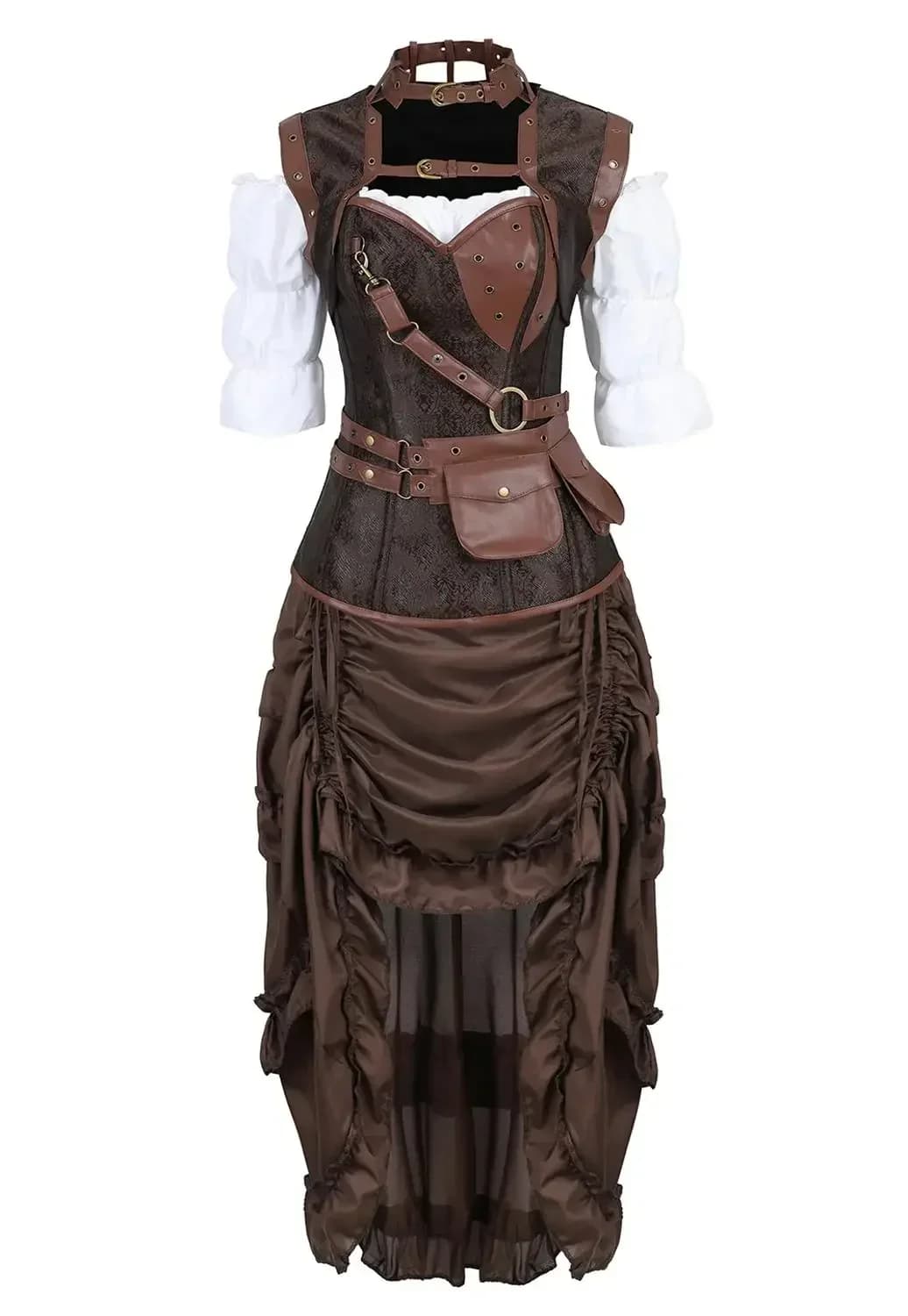 Leather Pirate Corset Vintage Retro Pattern Bustiers Steampunk Victorian Corsage 3 Piece Outfits for Women Carnival Costumes