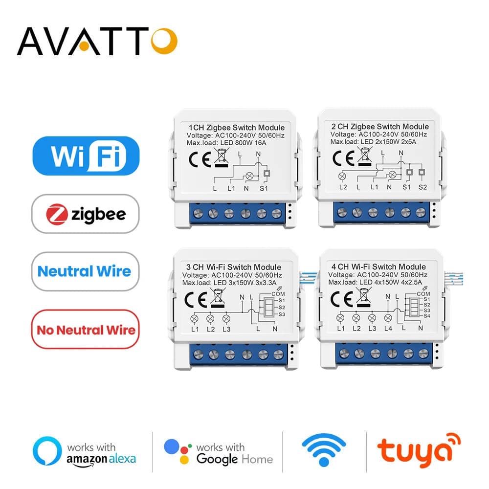 AVATTO Tuya WiFi Zigbee Smart Light Switch Module,No Neutral Wire 2 Ways Control Mini DIY Breaker Work for Alexa, google home