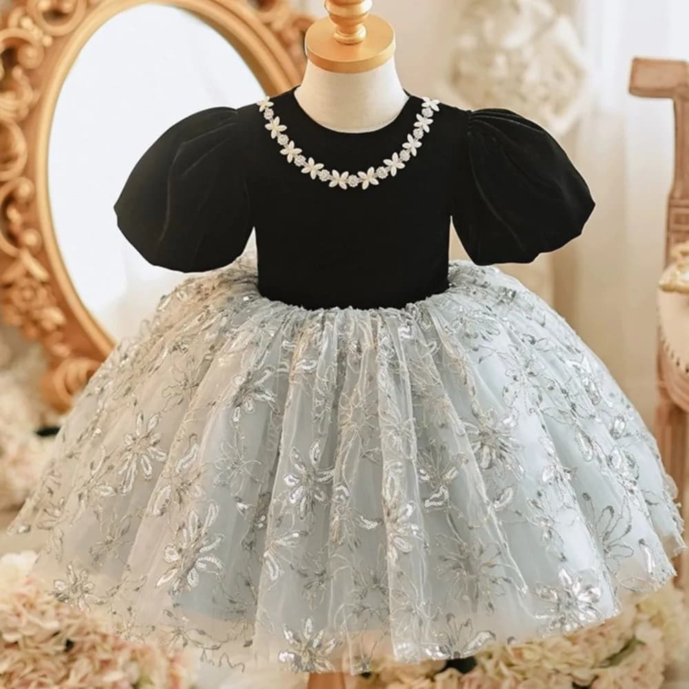 Black velvet patchwork puffy gauze dress for girls new children's birthday princess dress