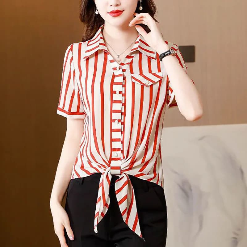 Fashion Printed V-Neck Spliced Bandage Striped Shirt Women's Clothing 2023 Summer New Oversized Casual Tops Short Sleev Blouse